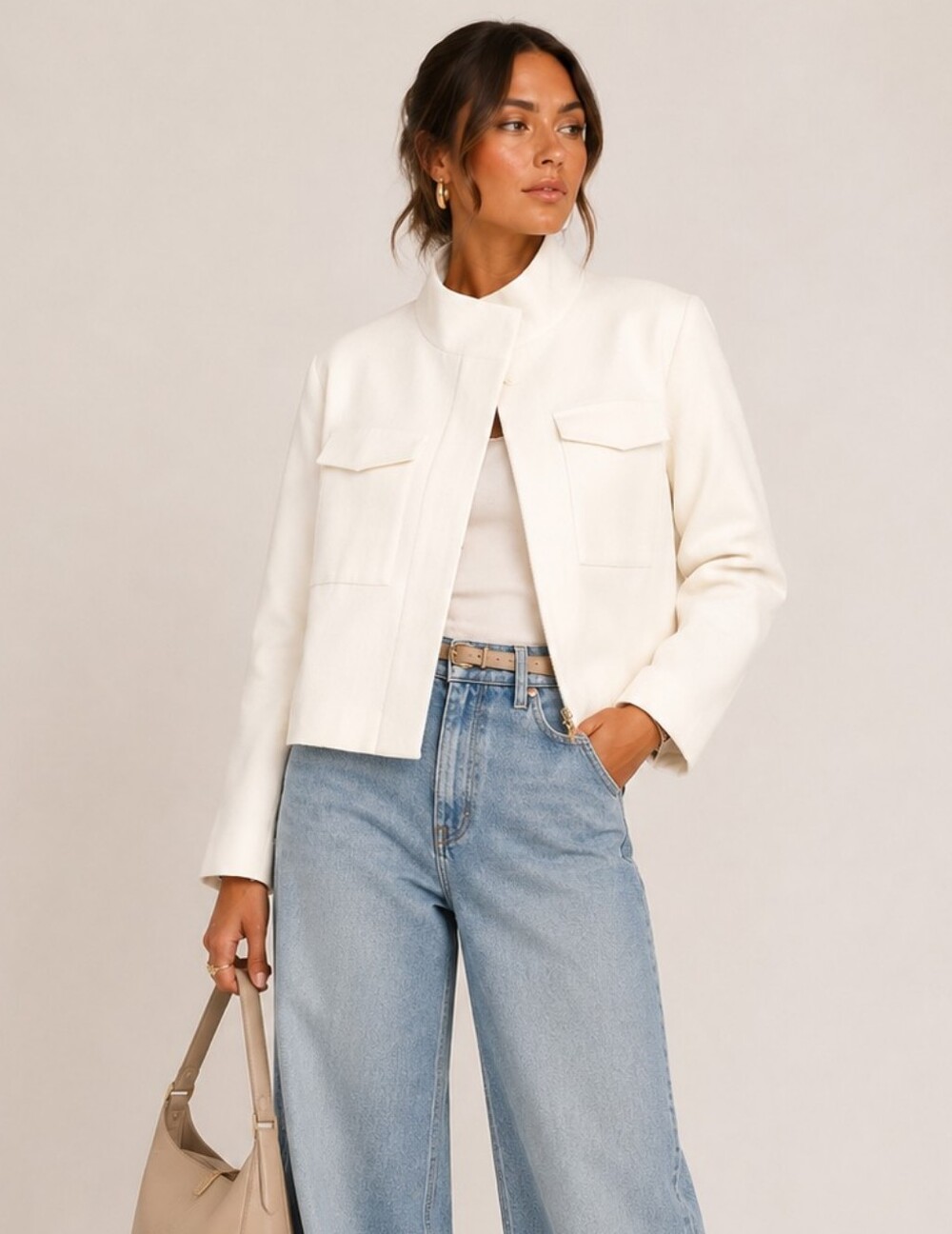 Zara White High Stand Up Collar Bomber Jacket Size M